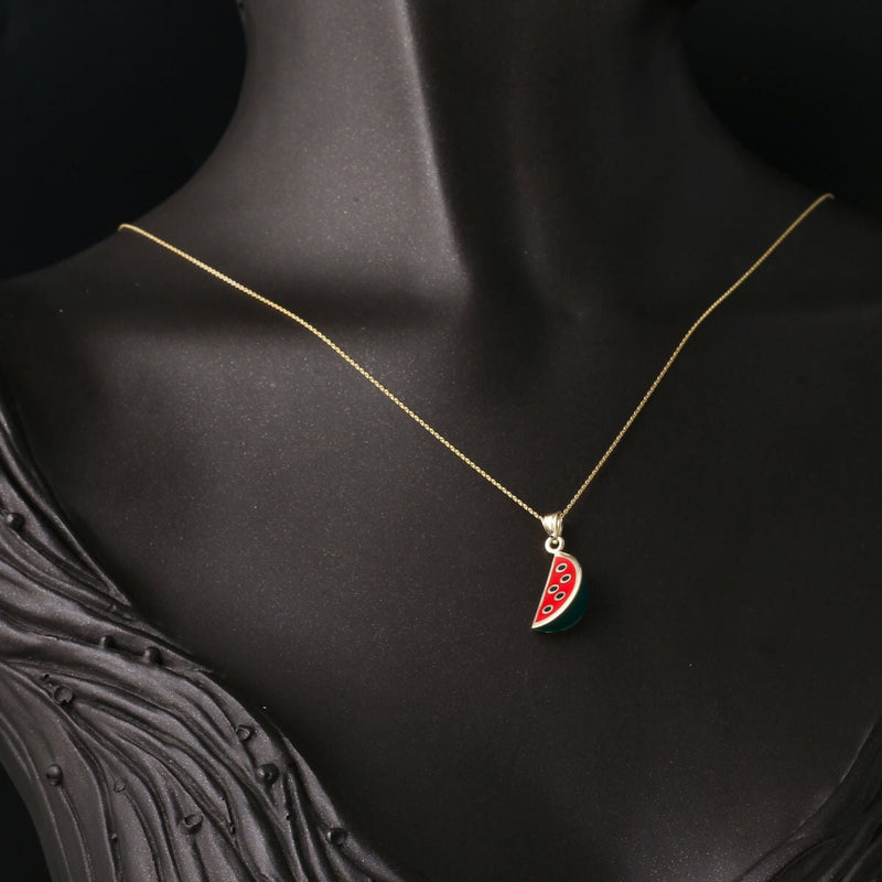 14K Yellow Gold Watermelon Slice Enamel Necklace