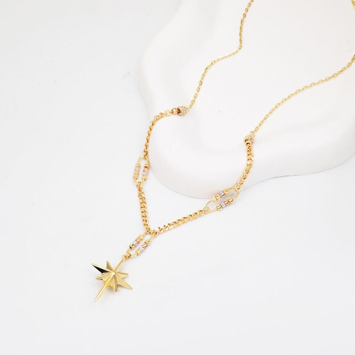 14K Yellow Gold Curb Chain North Star Cubic Zirconia Necklace