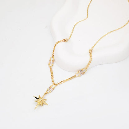 14K Yellow Gold Curb Chain North Star Cubic Zirconia Necklace