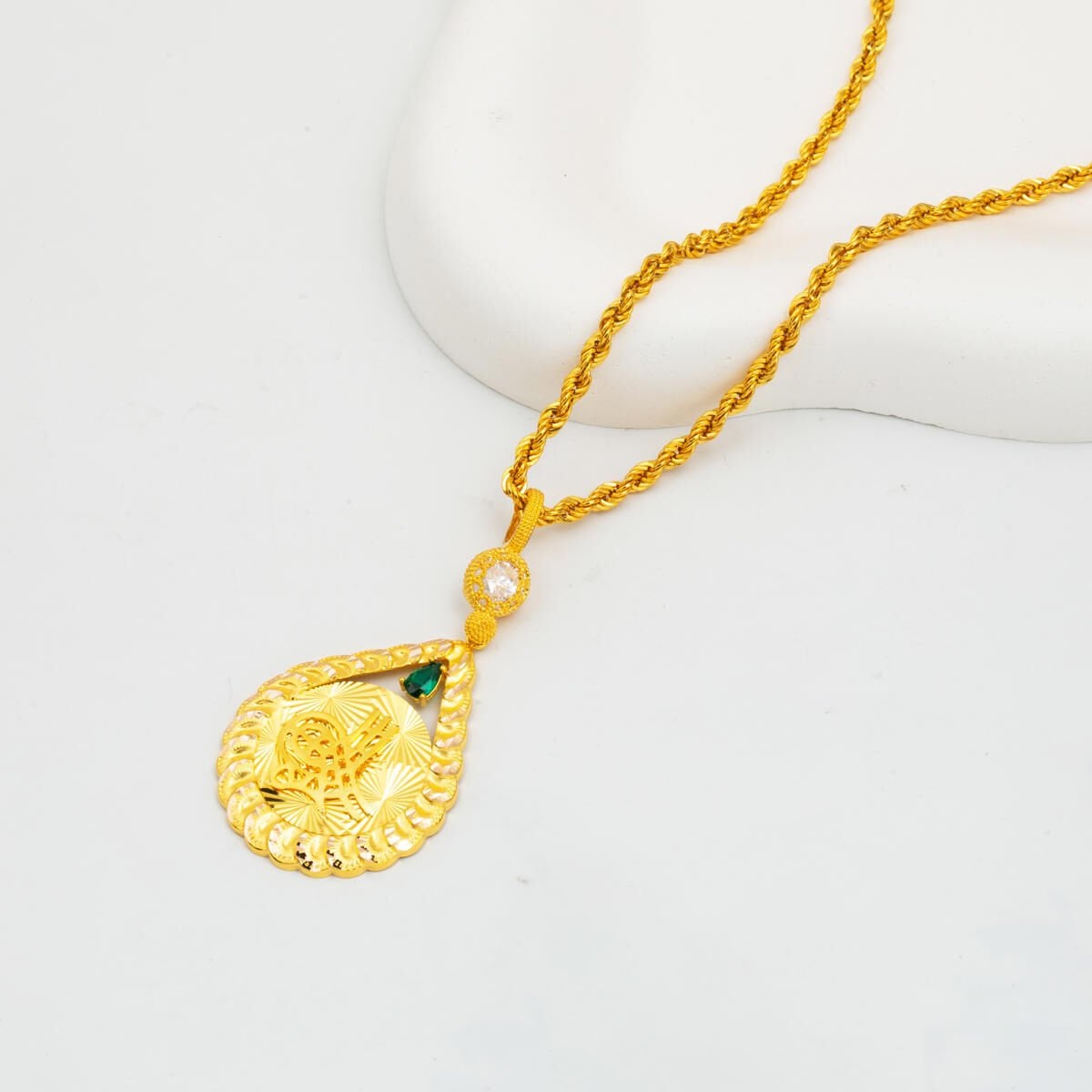14K Yellow Gold Classic Ottoman Tughra Cubic Zirconia Necklace