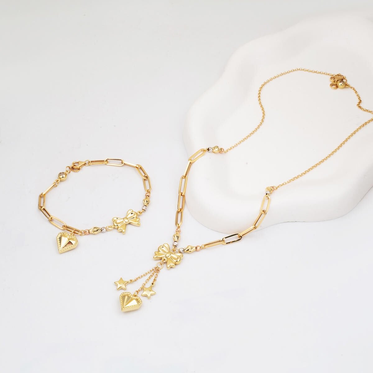 14K Yellow Gold Designer Inspired Heart Necklace and Bracelet Set