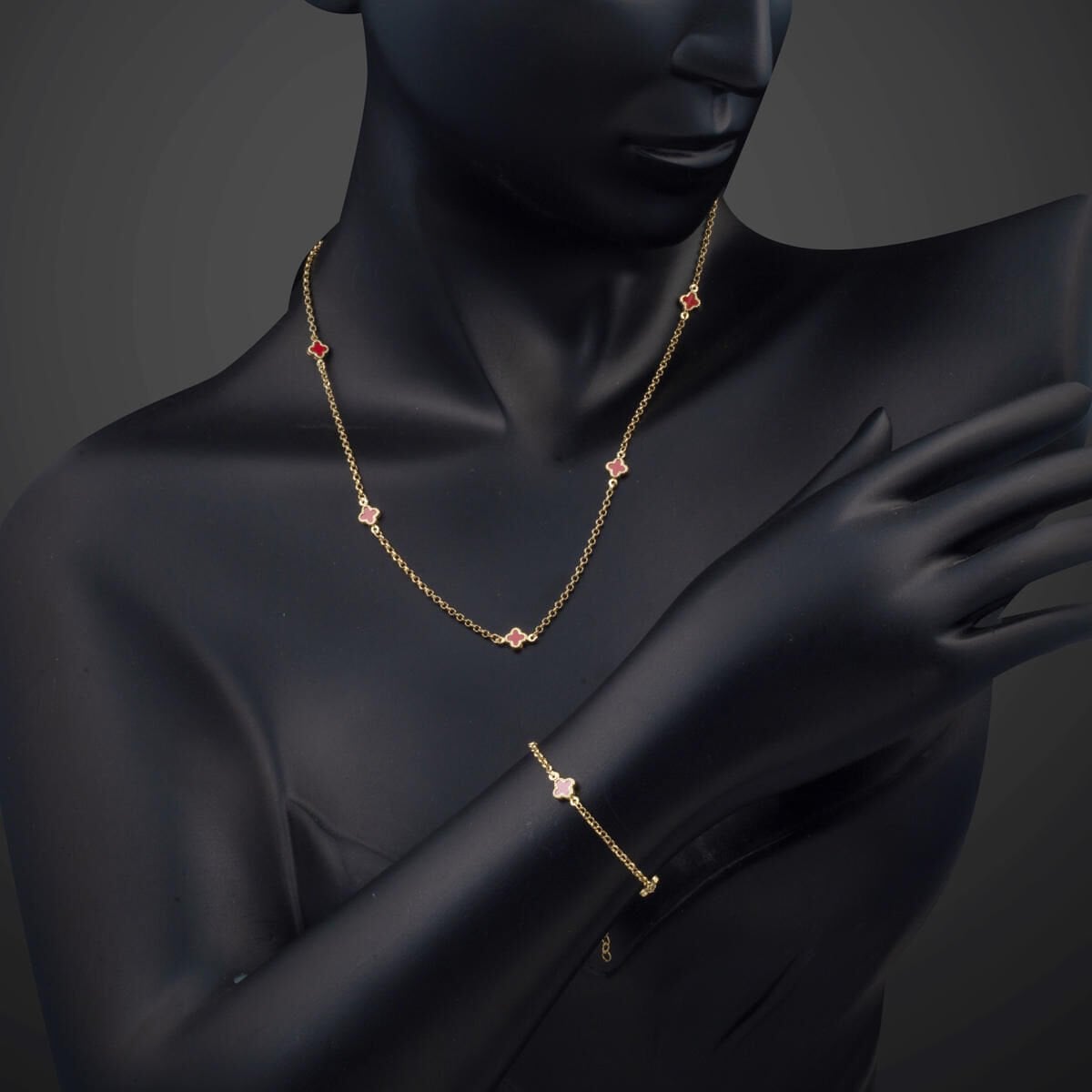 14K Yellow Gold Rose Clover Onyx Necklace Bracelet Set