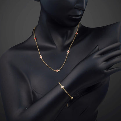 14K Yellow Gold Rose Clover Onyx Necklace Bracelet Set