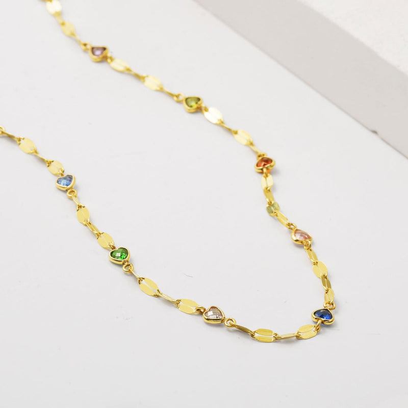 14K Yellow Gold Colored Hearts Cubic Zirconia Chain Necklace