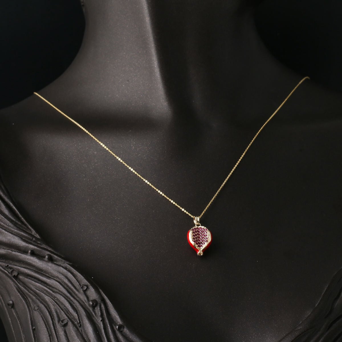 14K Yellow Gold Pomegranate Enamel Cubic Zirconia Necklace