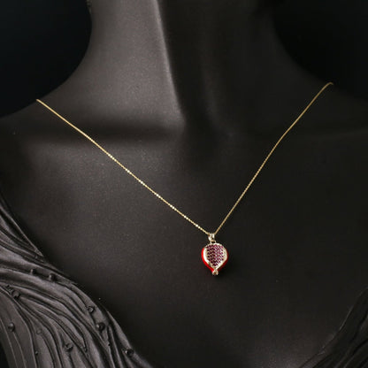 14K Yellow Gold Pomegranate Enamel Cubic Zirconia Necklace