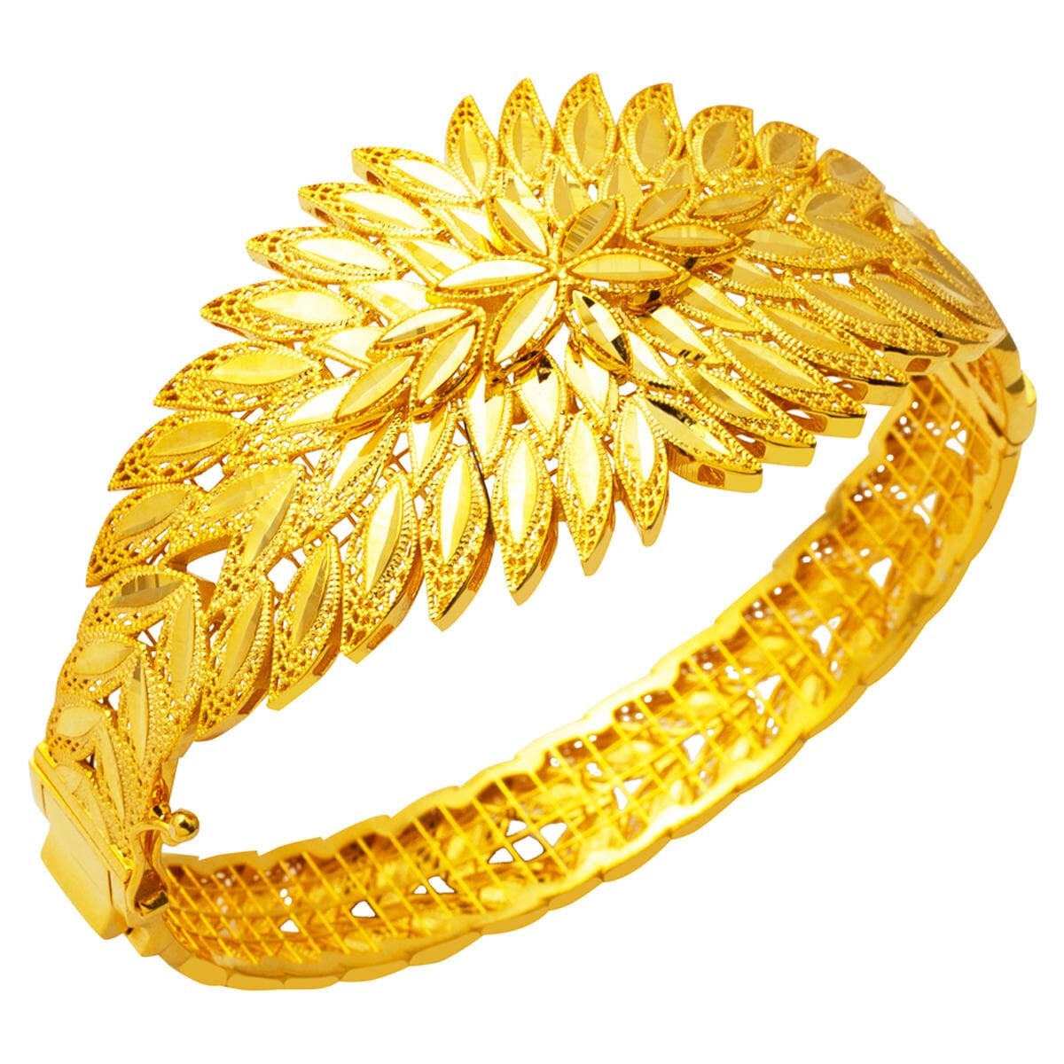 14K Yellow Gold Leaf Hinged Cuff Bangle