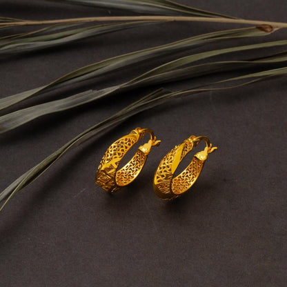 22K Yellow Gold Filigree Design Hoop Earrings