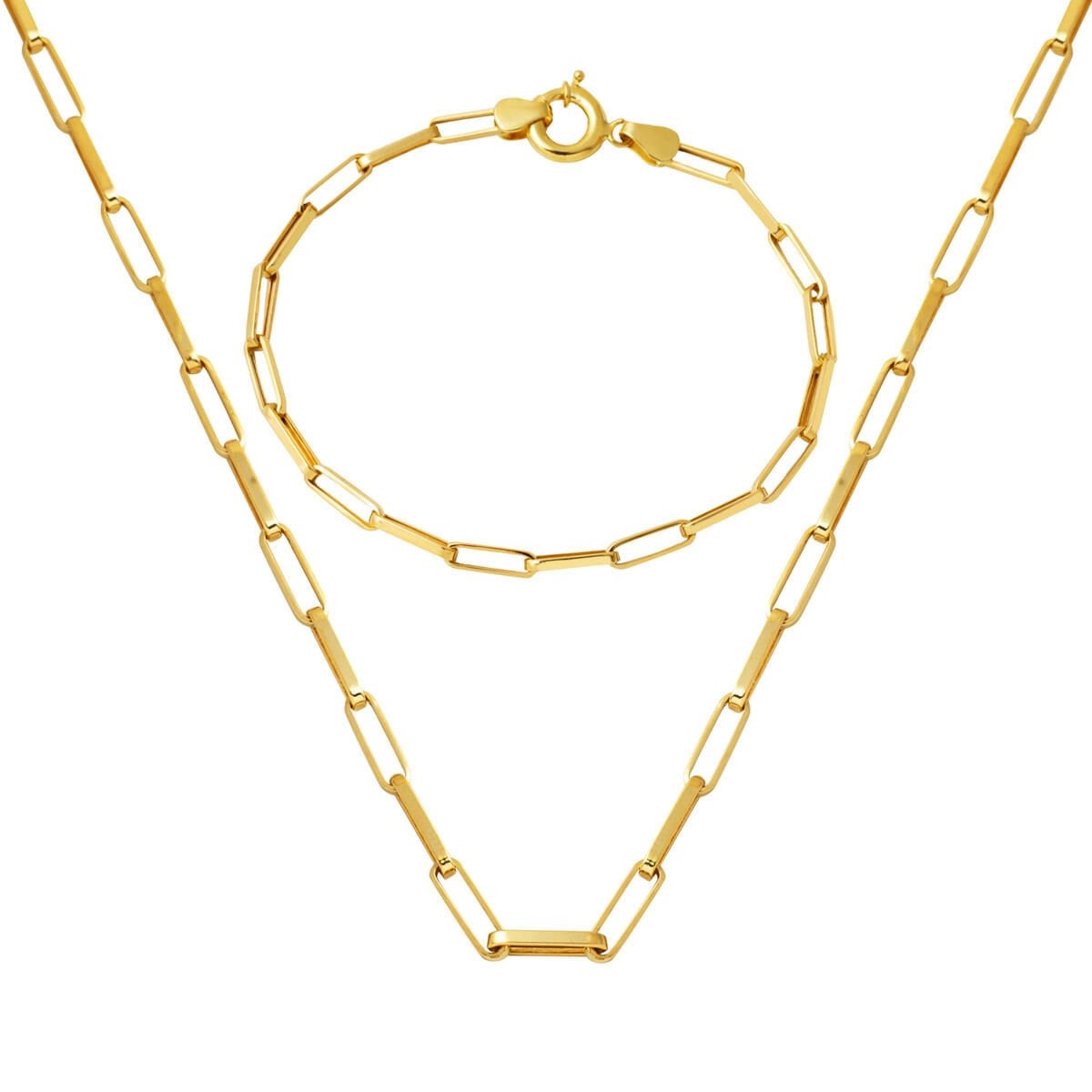 14K Yellow Gold Paperclip Chain Necklace and Bracelet Set