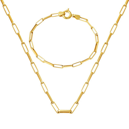 14K Yellow Gold Paperclip Chain Necklace and Bracelet Set