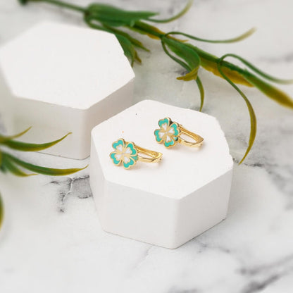 14K Yellow Gold Water Green Clover Enamel Children's Earrings