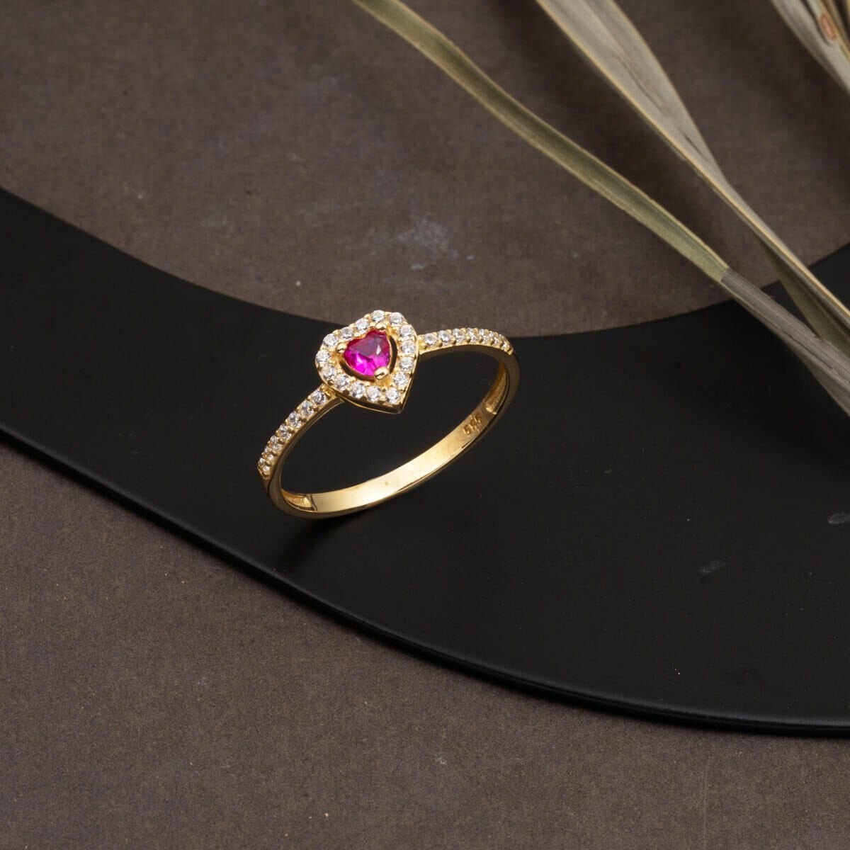 14K Yellow Gold Rose Heart Cubic Zirconia Ring