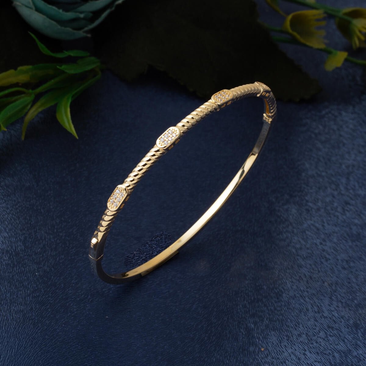 14K Yellow Gold Trendy Twisted Hinged Cuff Cubic Zirconia Bangle