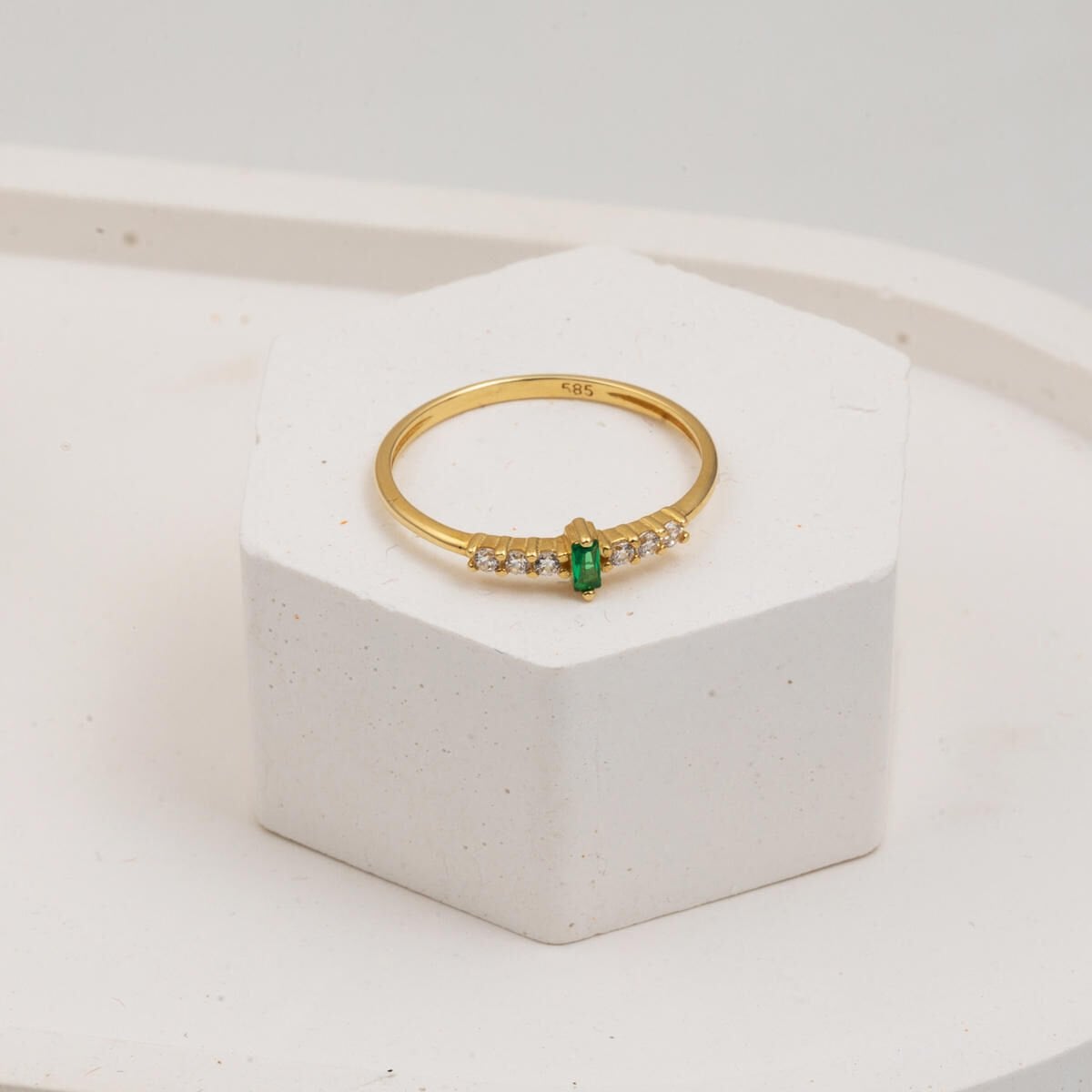 14K Yellow Gold Green Baguette Solitaire Cubic Zirconia Ring