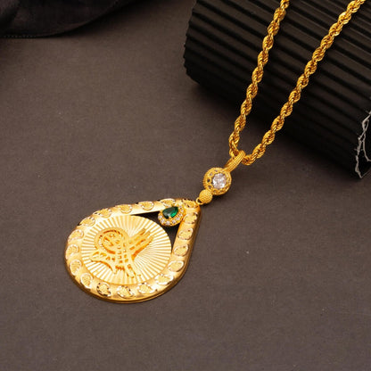 14K Yellow Gold Teardrop Sparkling Ottoman Tughra Cubic Zirconia Necklace