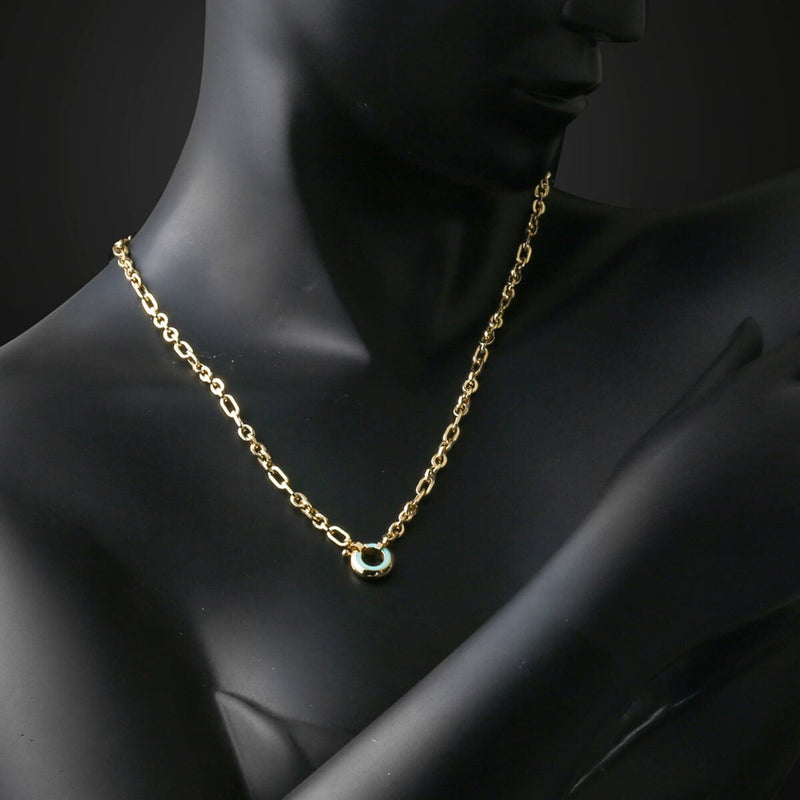 14K Yellow Gold Turquoise Enamel Hoop Chain Necklace