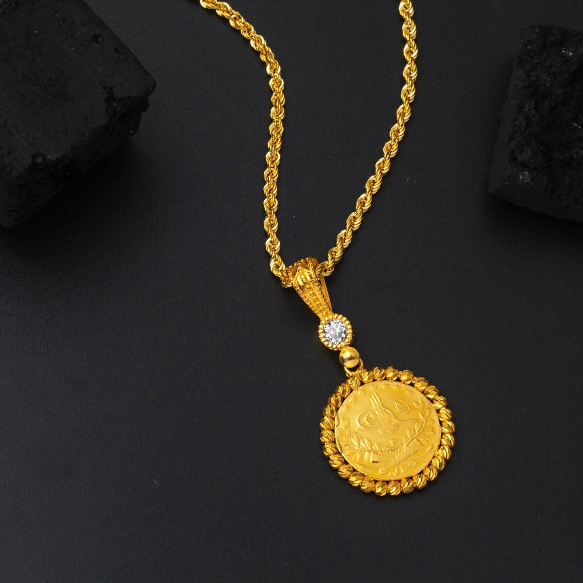 14K Yellow Gold Quarter Coin Ottoman Resat Coin Cubic Zirconia Necklace