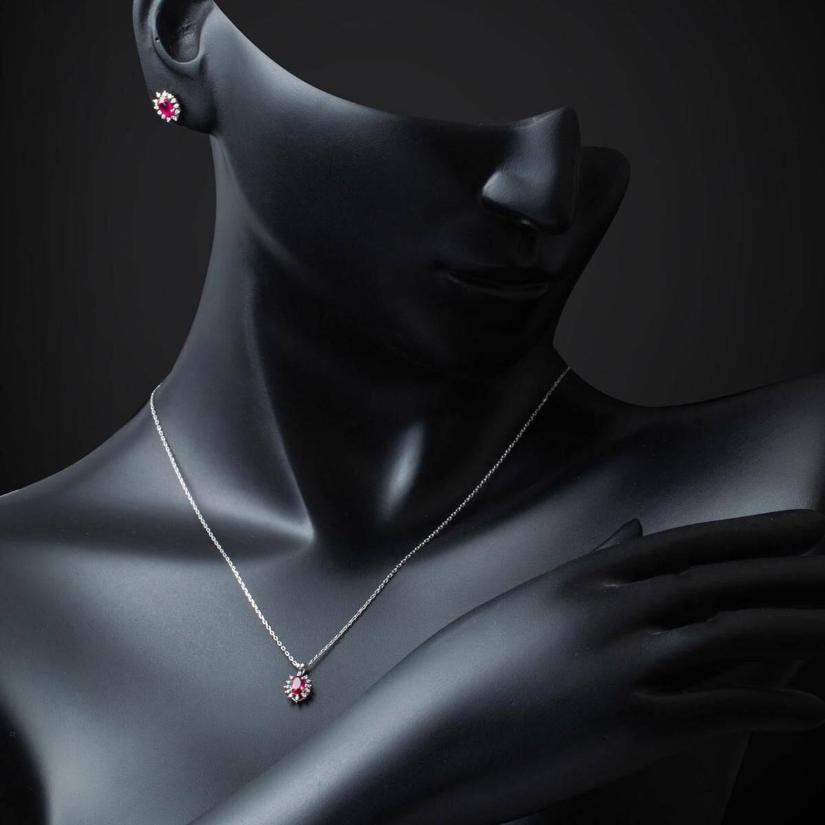 14K White Gold 1.50 Ct Ruby Diamond Earrings Necklace Set