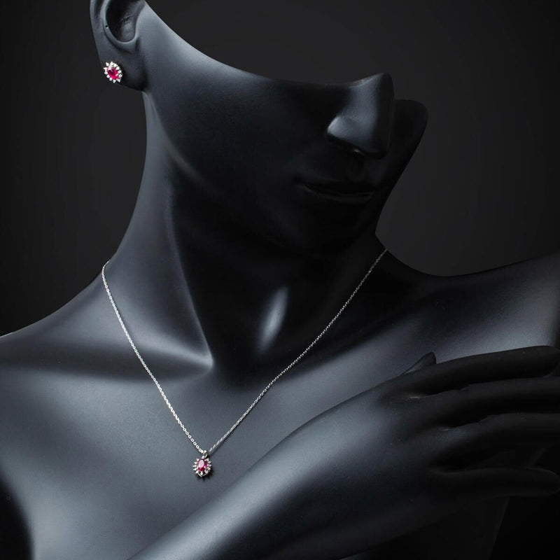 14K White Gold 1.50 Ct Ruby Diamond Earrings Necklace Set