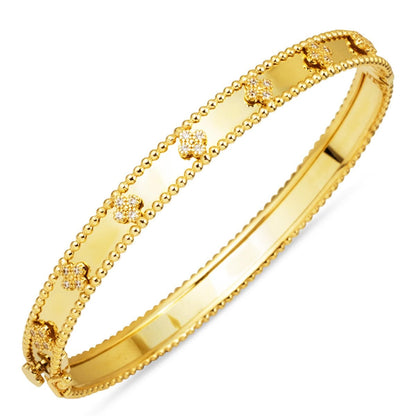 14K Yellow Gold Clover Women's Hinged Cuff Cubic Zirconia Bangle