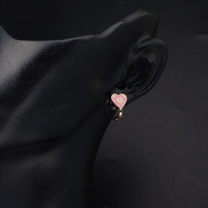14K Yellow Gold Pink Heart Enamel Children's Earrings