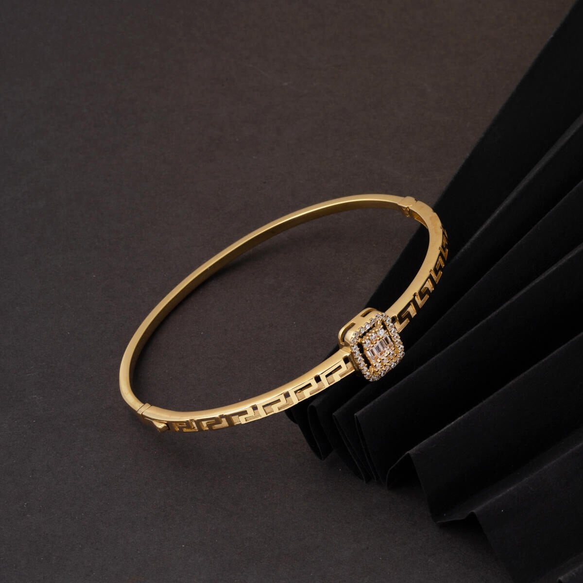 14K Yellow Gold Designer Inspired Baguette Cubic Zirconia Hinged Cuff Bangle