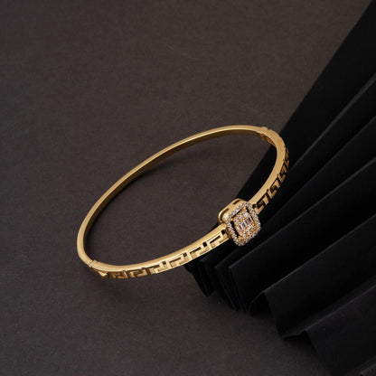 14K Yellow Gold Designer Inspired Baguette Cubic Zirconia Hinged Cuff Bangle