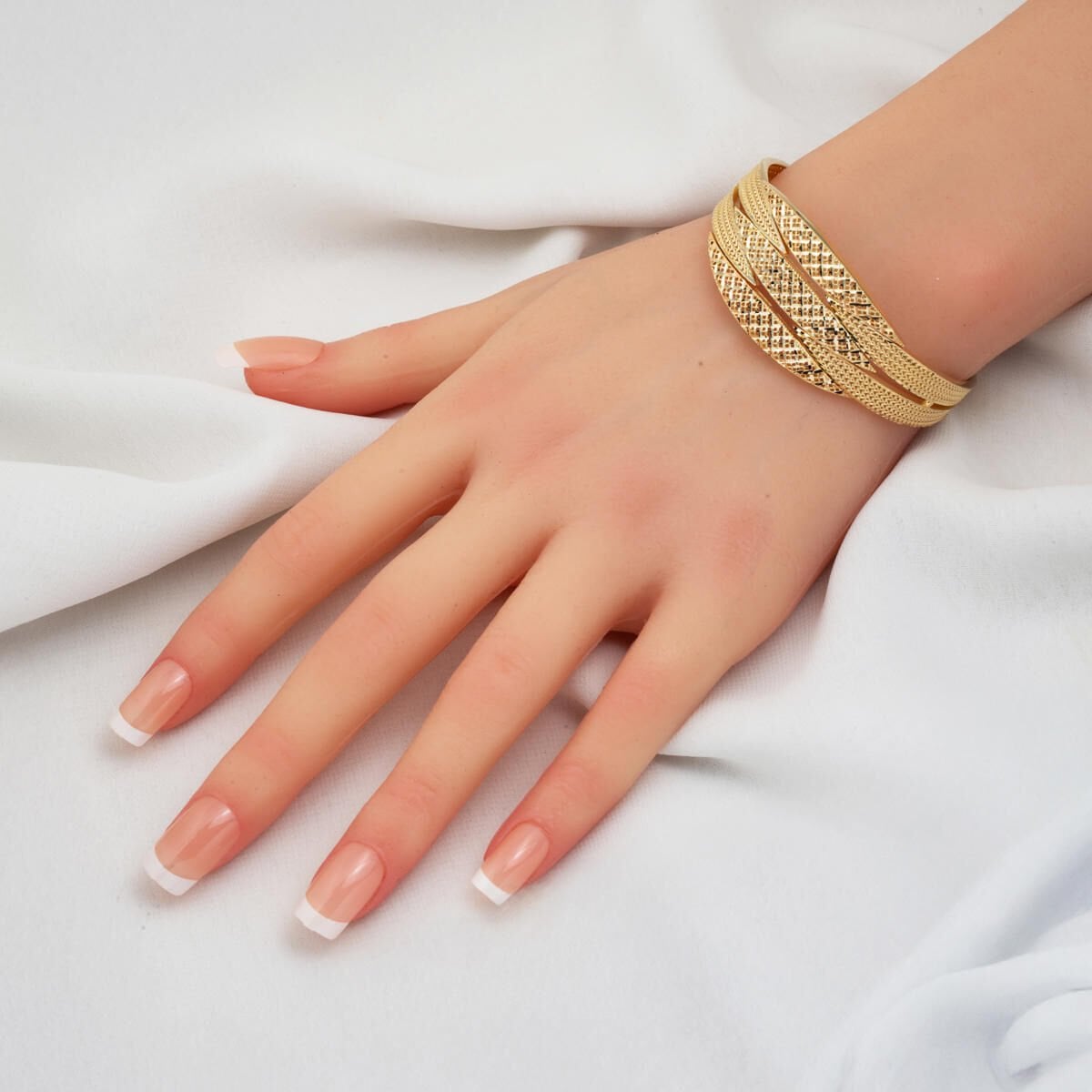 14K Yellow Gold Flower of Life Ribbed Hinged Cuff Bangle
