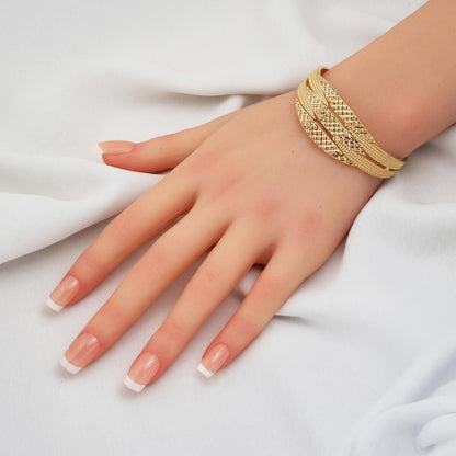 14K Yellow Gold Flower of Life Ribbed Hinged Cuff Bangle