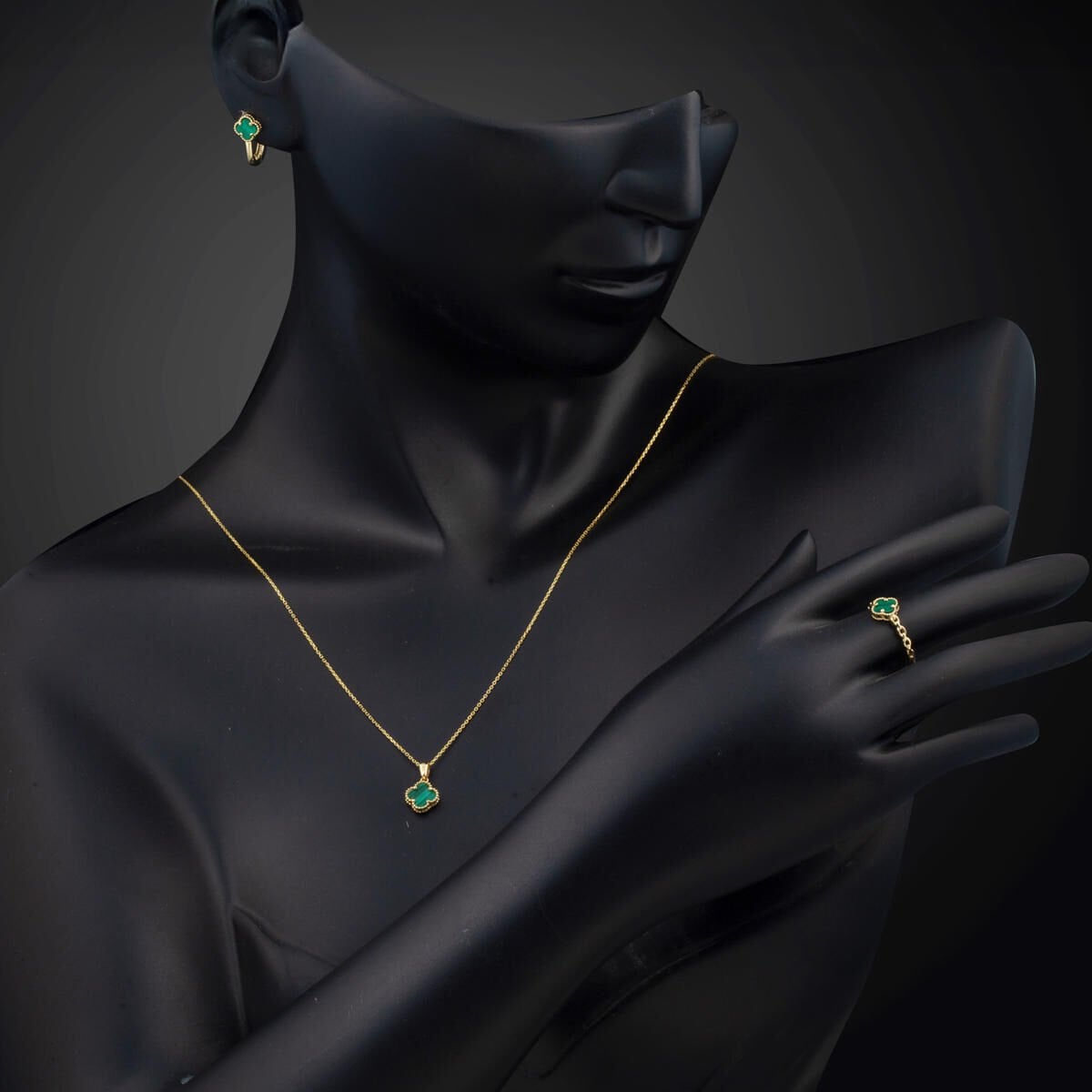 14K Yellow Gold Clover Green Cubic Zirconia Jewelry Set