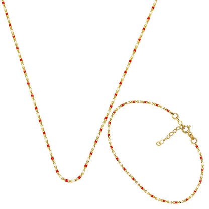 14K Yellow Gold Rose Enamel Chain Double Set
