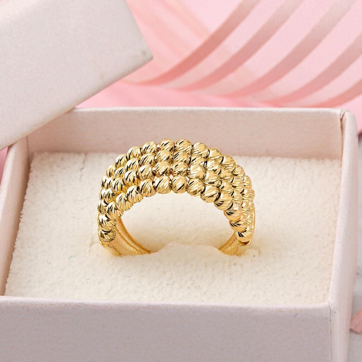 14K Yellow Gold Bead Ribbed Ring