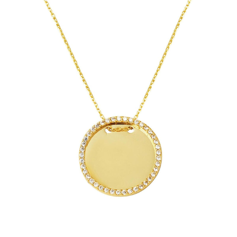 14K Yellow Gold Personalized Custom Text Cubic Zirconia Necklace 2 cm Diameter