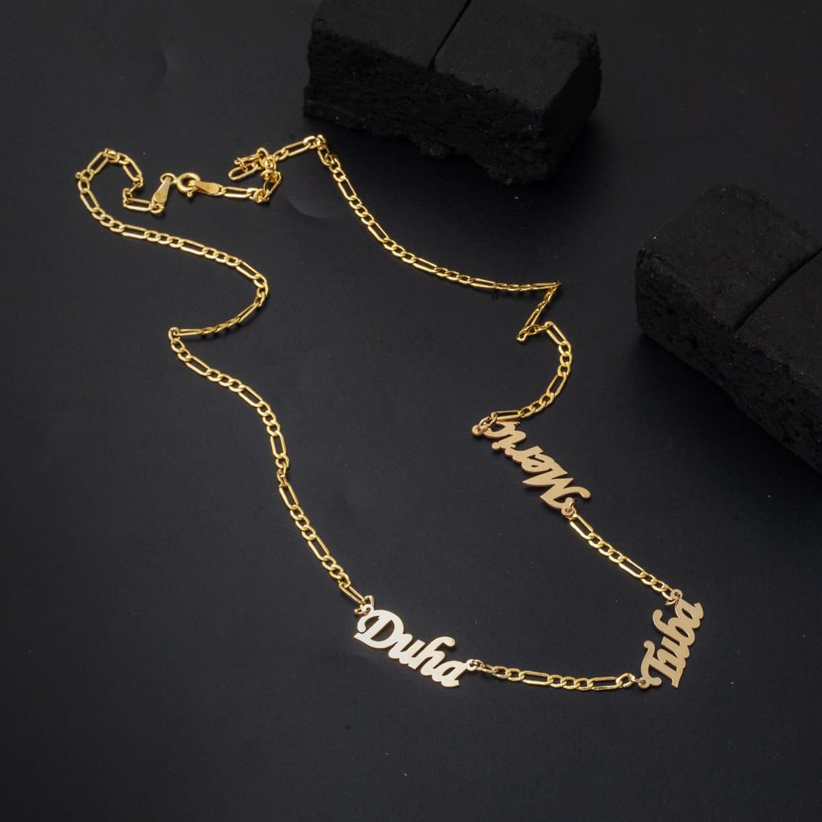 14K Yellow Gold Figaro Chain Three Name Necklace
