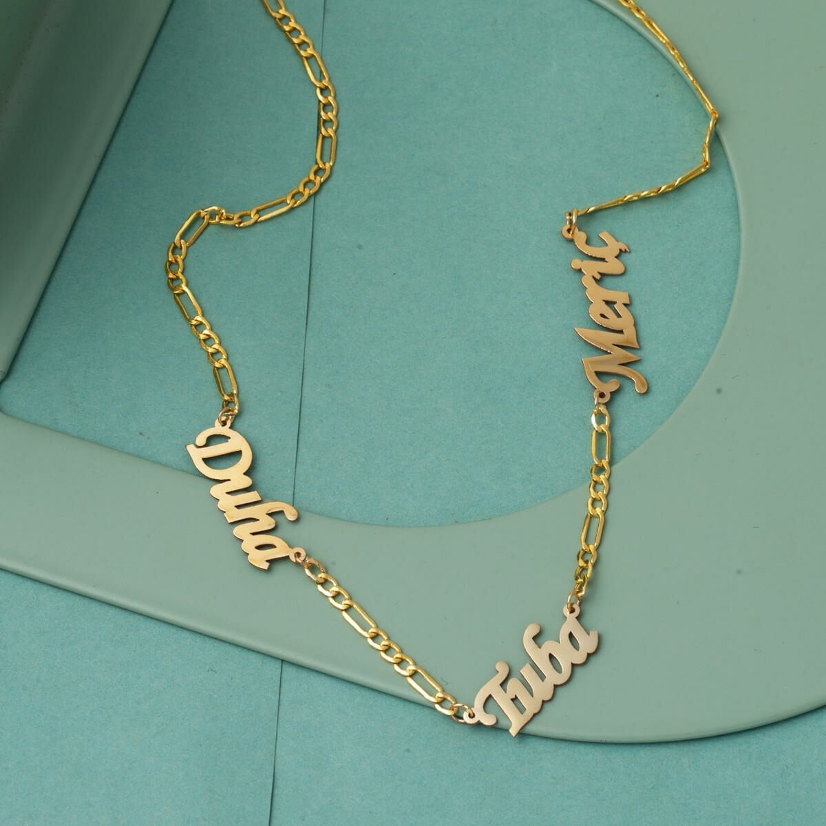 14K Yellow Gold Figaro Chain Three Name Necklace