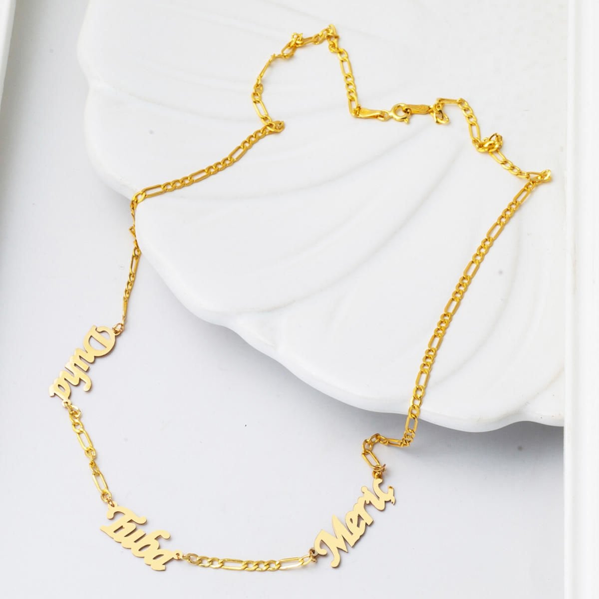 14K Yellow Gold Figaro Chain Three Name Necklace