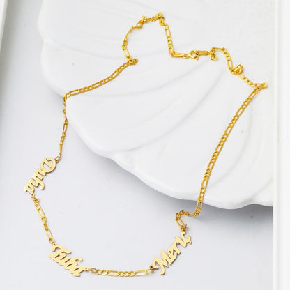 14K Yellow Gold Figaro Chain Three Name Necklace