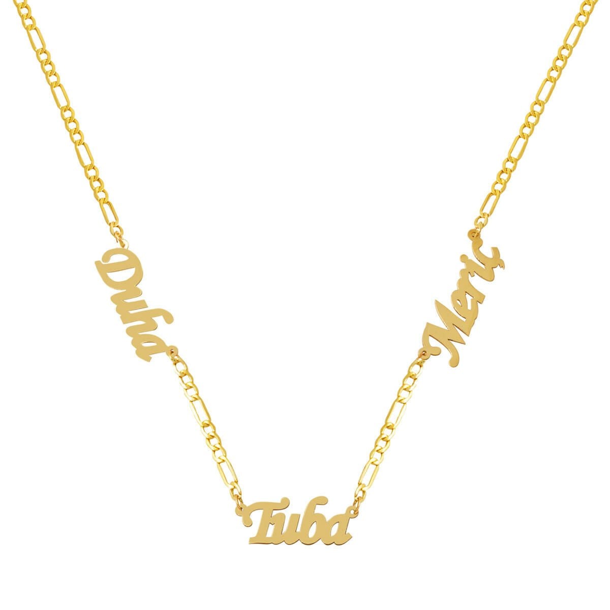 14K Yellow Gold Figaro Chain Three Name Necklace