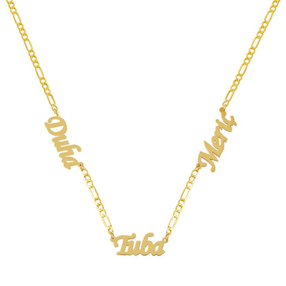 14K Yellow Gold Figaro Chain Three Name Necklace
