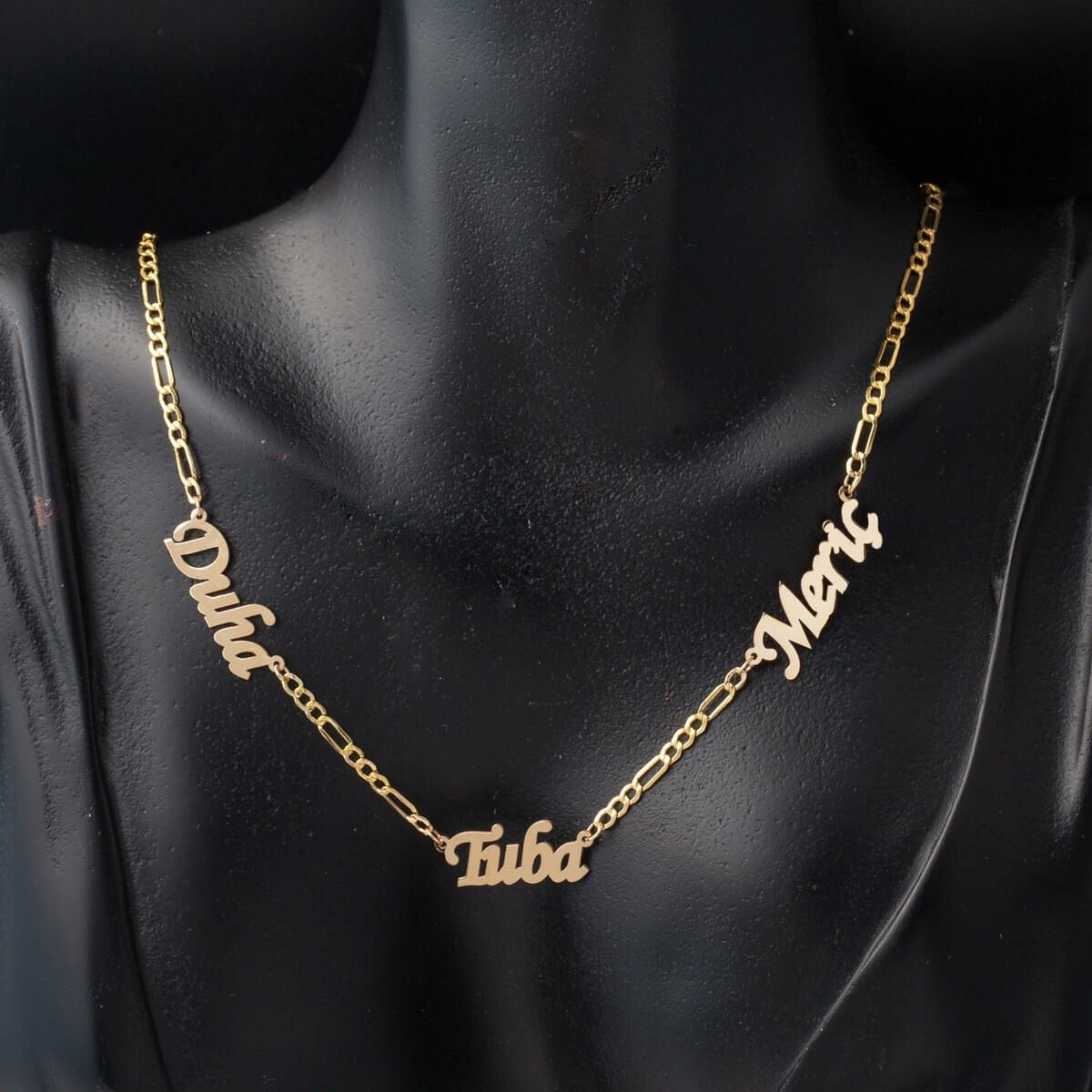 14K Yellow Gold Figaro Chain Three Name Necklace