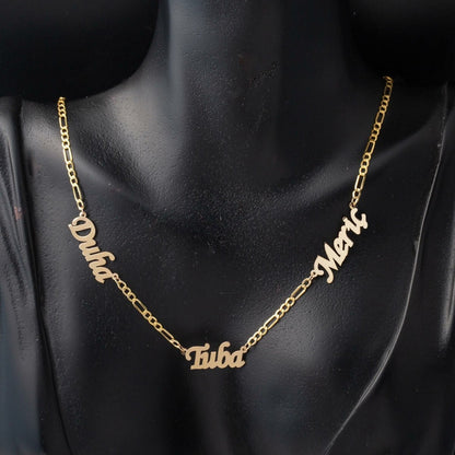 14K Yellow Gold Figaro Chain Three Name Necklace