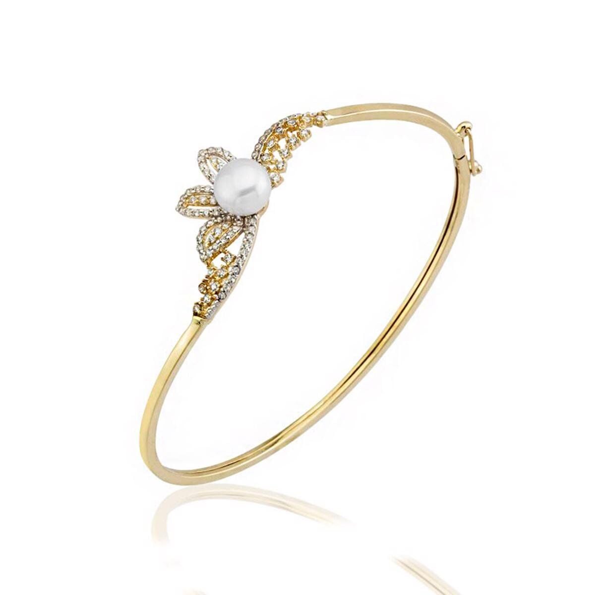 14K Yellow Gold Fiore Pearl Hinged Cuff Bangle