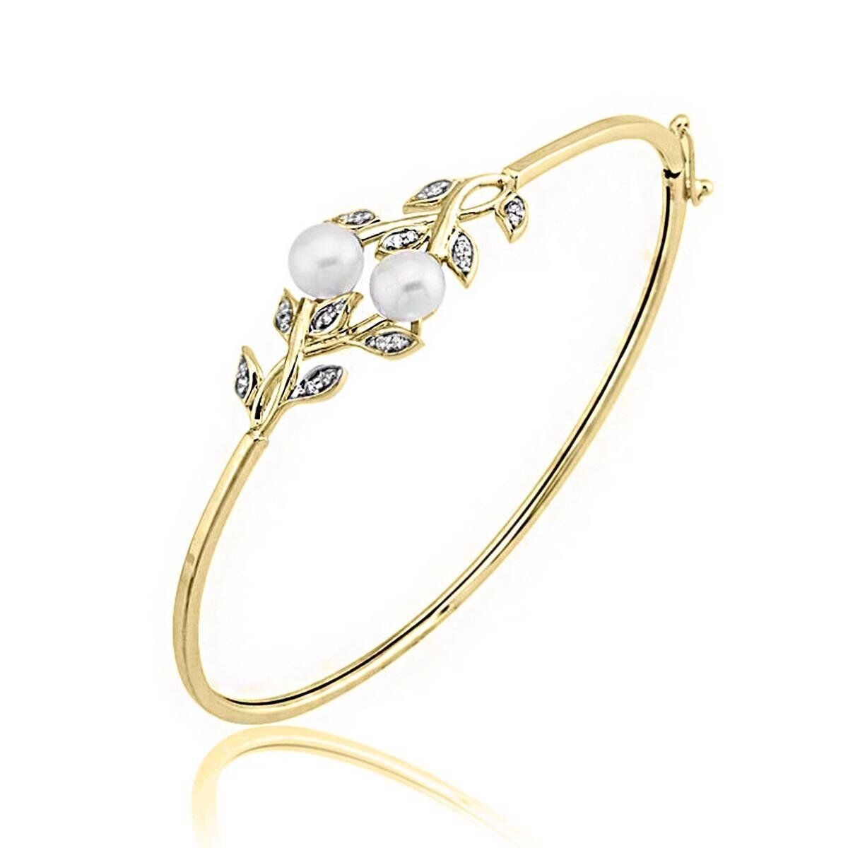 14K Yellow Gold Designer Inspired Hinged Cuff Pearl Bangle