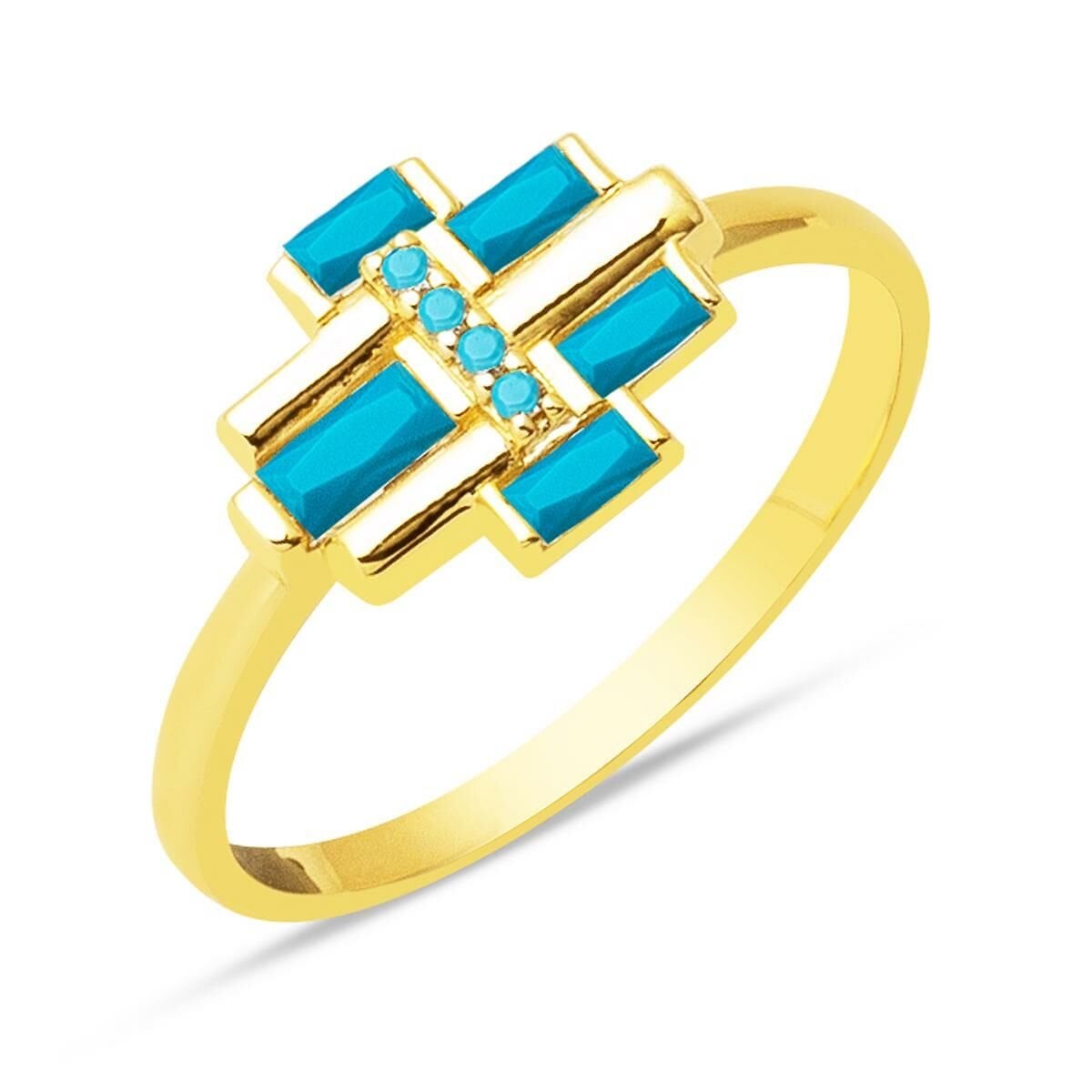 14K Yellow Gold Baguette Turquoise Cubic Zirconia Ring