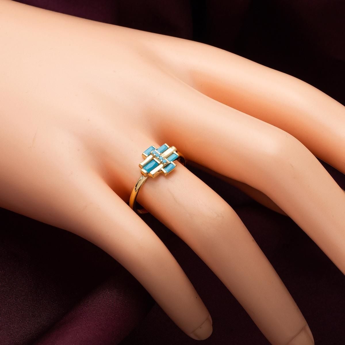 14K Yellow Gold Baguette Turquoise Cubic Zirconia Ring
