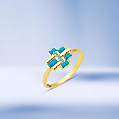 14K Yellow Gold Baguette Turquoise Cubic Zirconia Ring