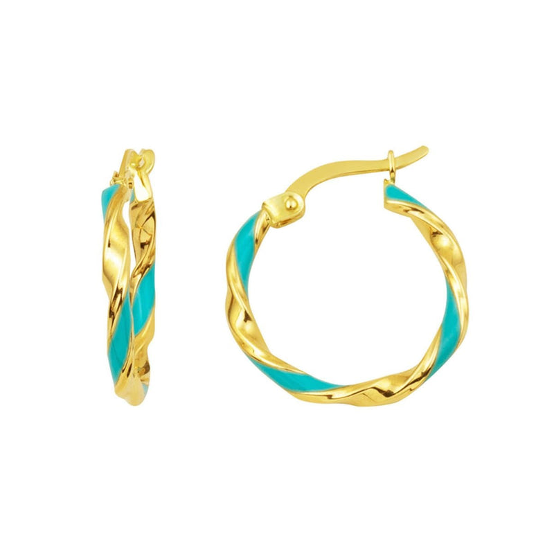 14K Yellow Gold Turquoise Enamel Women's Hoop Earrings