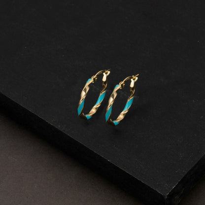 14K Yellow Gold Turquoise Enamel Women's Hoop Earrings