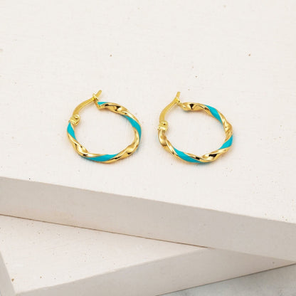 14K Yellow Gold Turquoise Enamel Women's Hoop Earrings