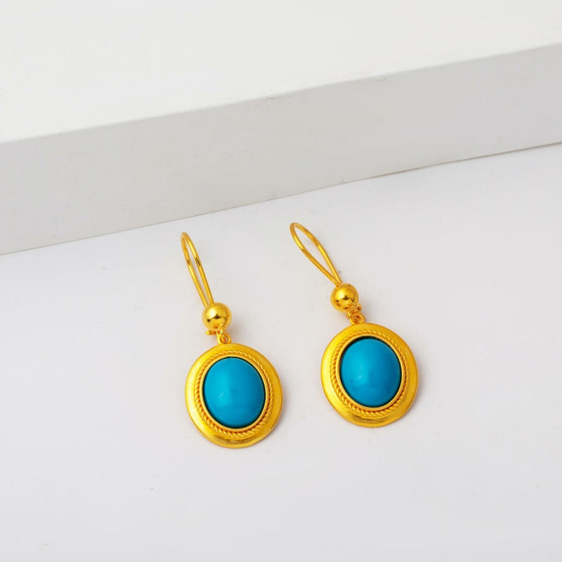 14K Yellow Gold Turquoise Stone Dangle Earrings